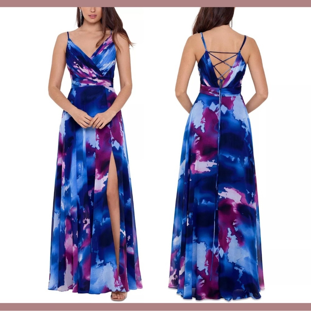 NWT $269 Xscape [ 6 ] Strappy Tie-Back Chiffon‎ Gown in Blue Pink